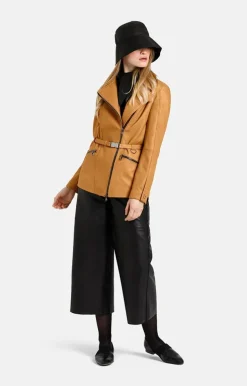 Leather Jackets<WERNER CHRIST Alessia: Longer Biker Jacket With Tie Belt Cognac