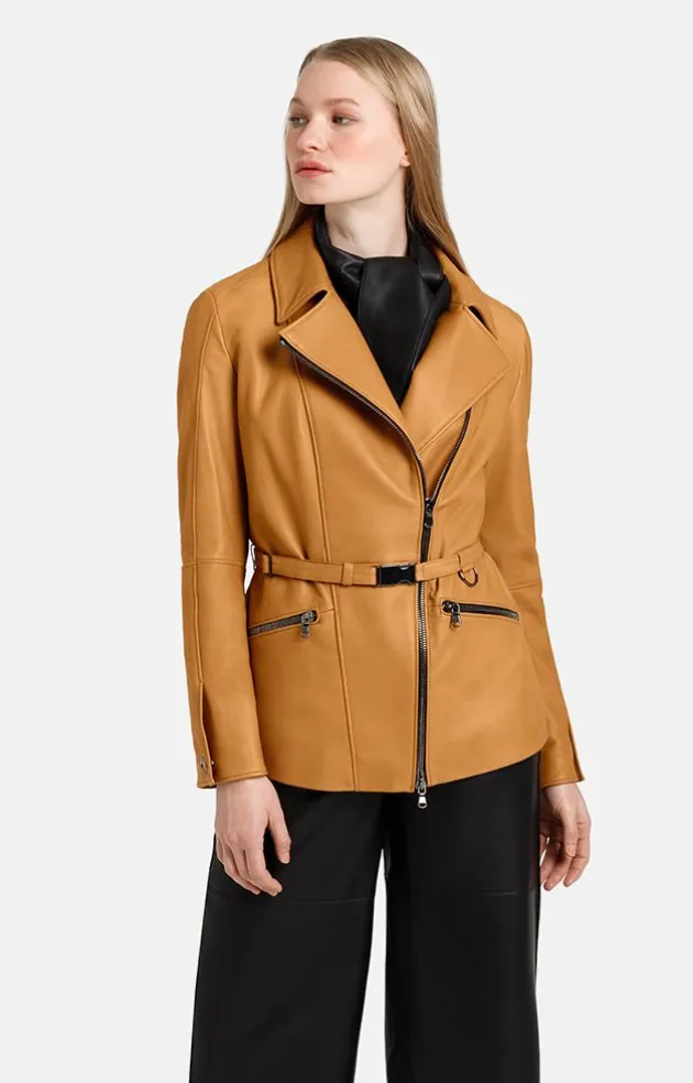 Leather Jackets<WERNER CHRIST Alessia: Longer Biker Jacket With Tie Belt Cognac
