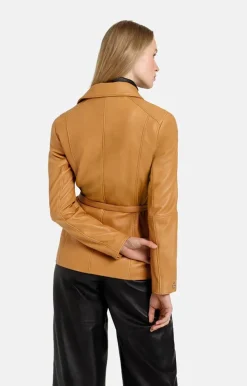 Leather Jackets<WERNER CHRIST Alessia: Longer Biker Jacket With Tie Belt Cognac