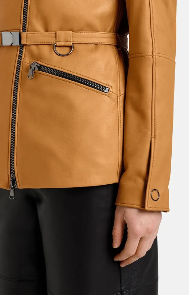 Leather Jackets<WERNER CHRIST Alessia: Longer Biker Jacket With Tie Belt Cognac