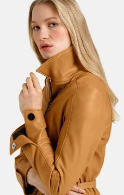 Leather Jackets<WERNER CHRIST Alessia: Longer Biker Jacket With Tie Belt Cognac