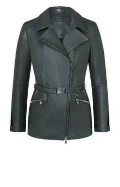 Leather Jackets<WERNER CHRIST Alessia: Longer Biker Jacket With Tie Belt Ivy Green