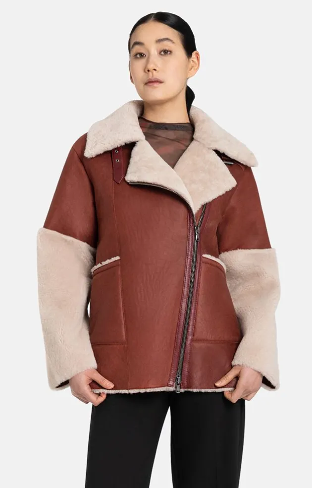 Lambskin Jackets<WERNER CHRIST Amala: Modern Biker Jacket With Contrasting D Rusty Red