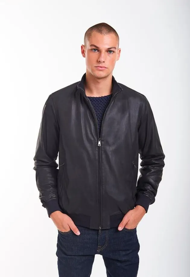 Leather Jackets<WERNER CHRIST Byb': Blouson In Napped Goatskin Suede Navy