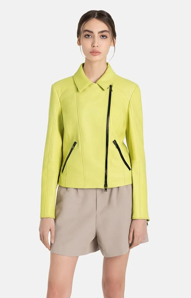Leather Jackets<WERNER CHRIST Carina: Typical Biker Jacket With A Sporty Lo Fresh Lime