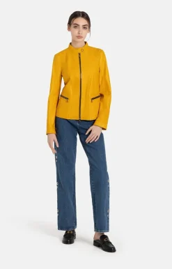 Leather Jackets<WERNER CHRIST Elif: Short Jacket With Biker Details Citrus