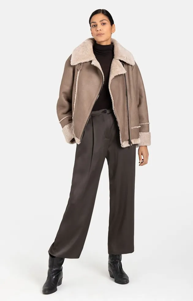 Lambskin Jackets<WERNER CHRIST Paloma: Sporty Oversized Biker Jacket Greige