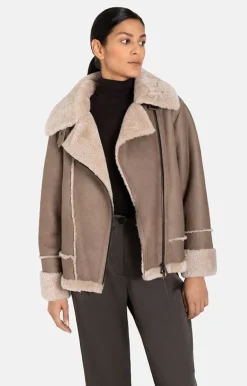 Lambskin Jackets<WERNER CHRIST Paloma: Sporty Oversized Biker Jacket Greige