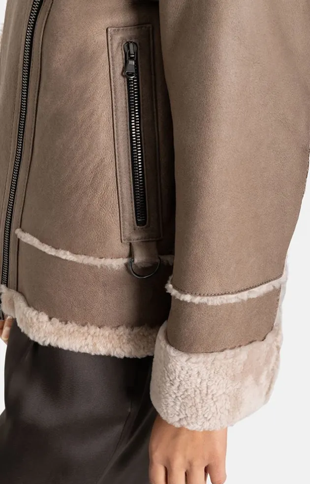 Lambskin Jackets<WERNER CHRIST Paloma: Sporty Oversized Biker Jacket Greige