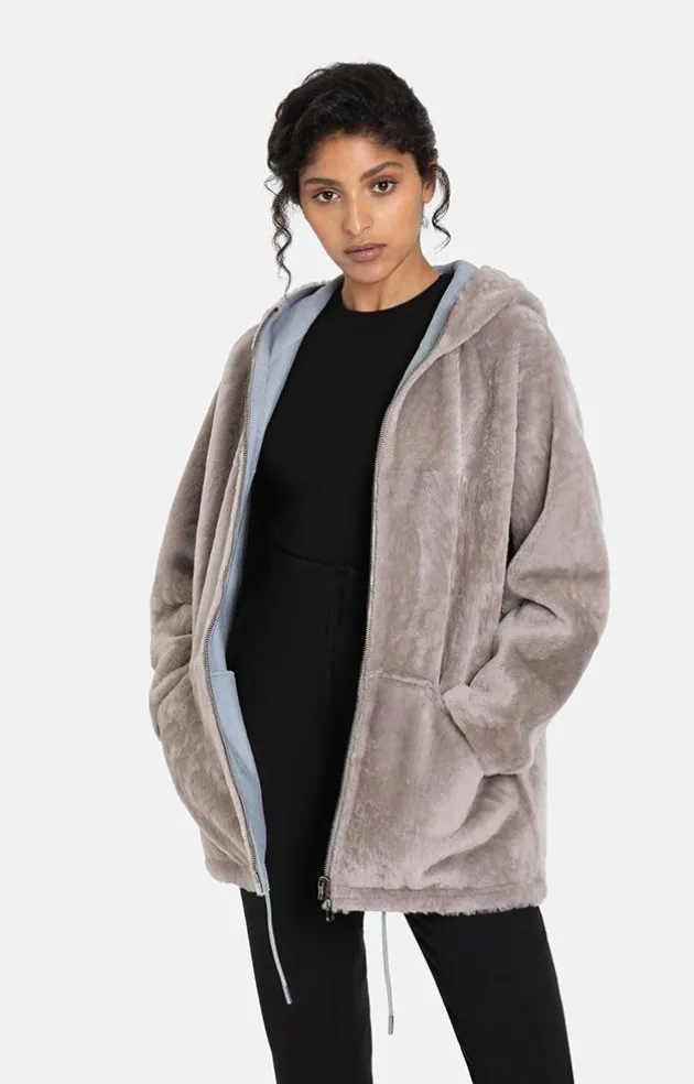 Lambskin Jackets<WERNER CHRIST Patrizia: Sporty Reversible Hooded Jacket French Gray