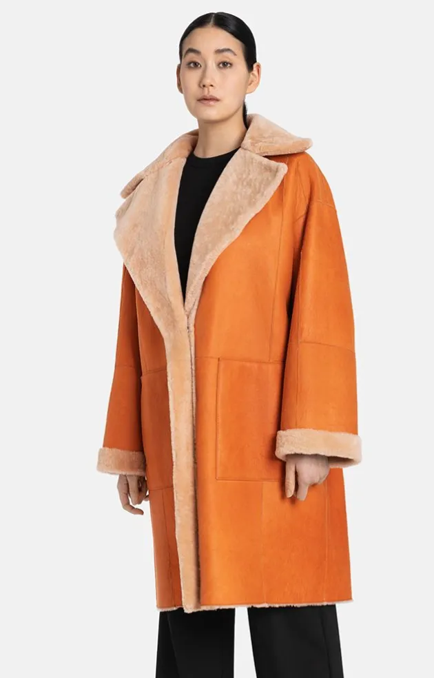 Lambskin Jackets<WERNER CHRIST Penelope: Lambskin Coat With Oversized Fit Burnt Orange