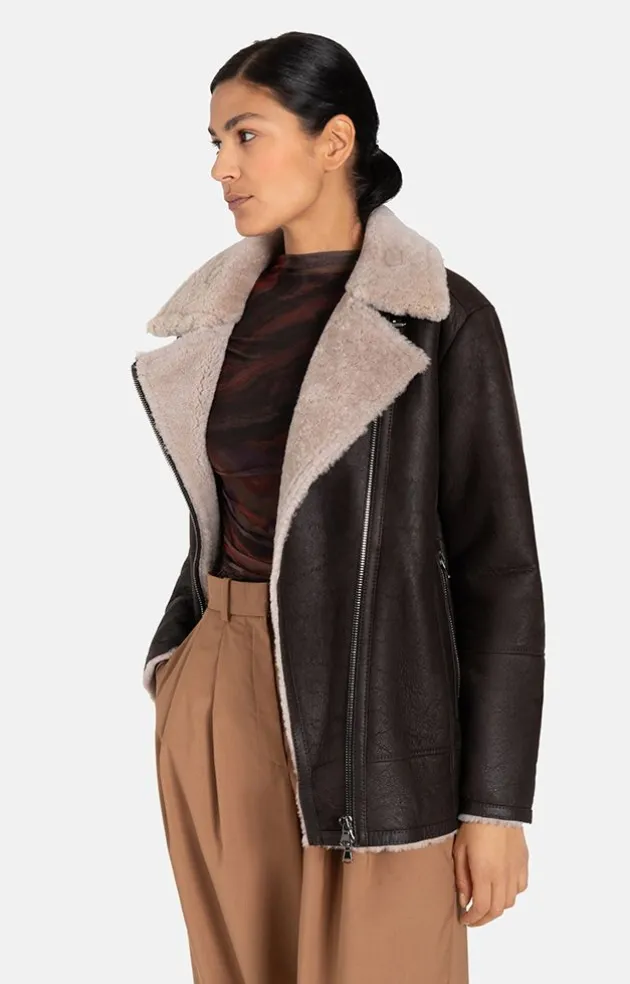 Lambskin Jackets<WERNER CHRIST Saphira: Oversized Jacket In Biker Style Chocolate
