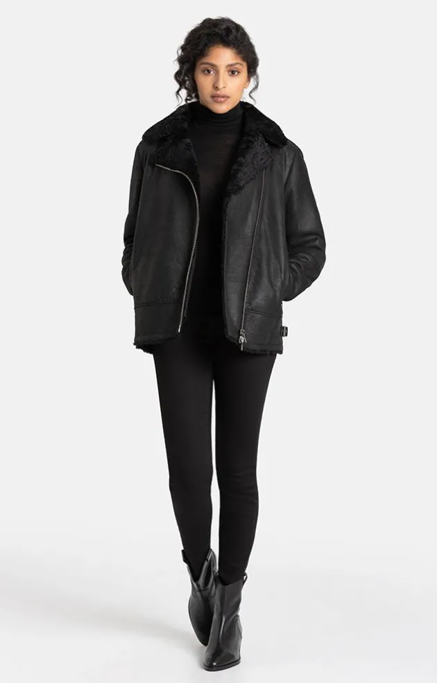 Lambskin Jackets<WERNER CHRIST Saphira: Oversized Jacket In Biker Style Black