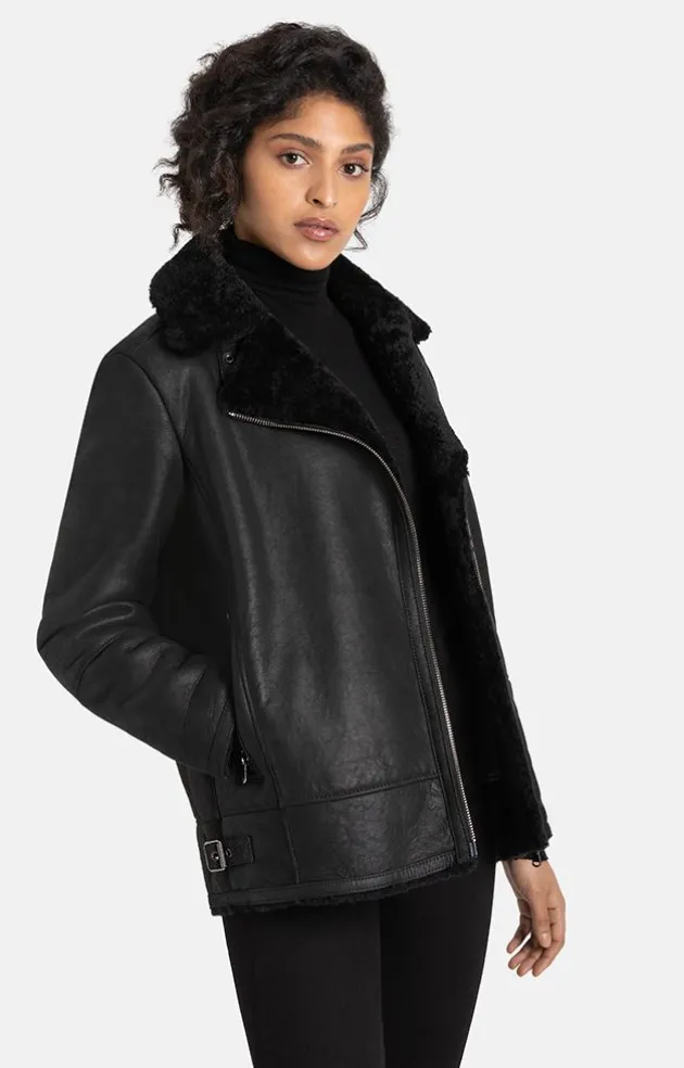 Lambskin Jackets<WERNER CHRIST Saphira: Oversized Jacket In Biker Style Black