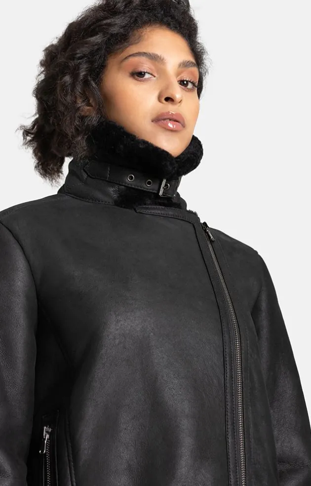 Lambskin Jackets<WERNER CHRIST Saphira: Oversized Jacket In Biker Style Black