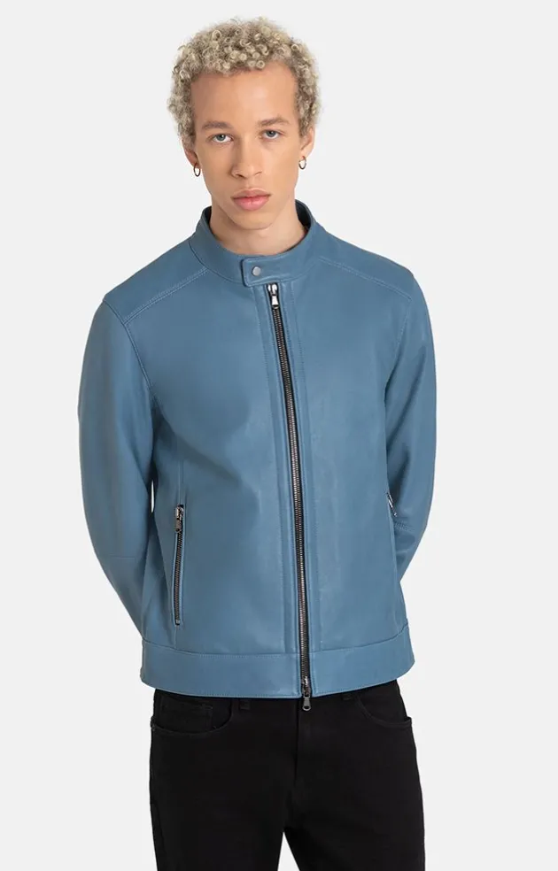 Leather Jackets<WERNER CHRIST Toto: Grained Nappa Jacket For Purists Jeans Blue